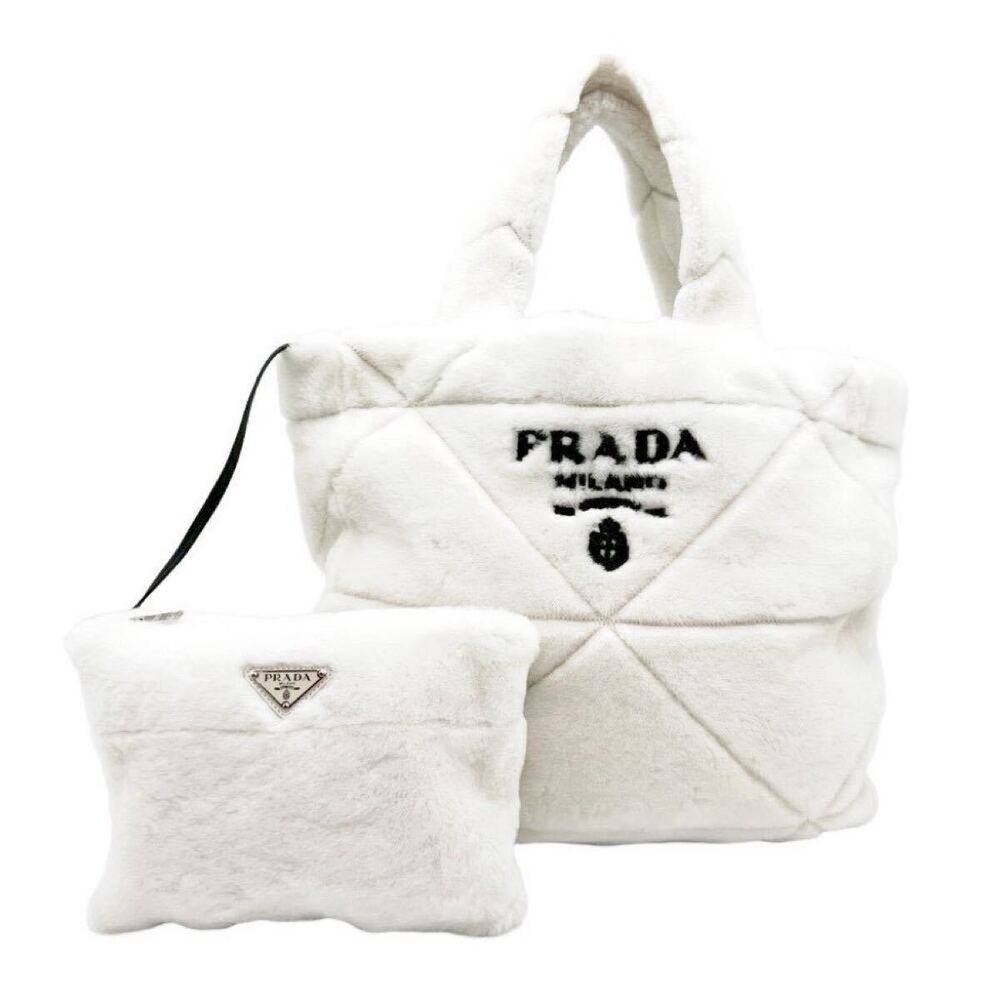 PRADA shearling tote bag fur white Clutch